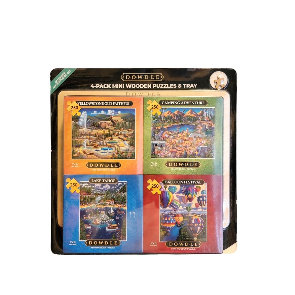 DOWDLE 4-Pack Mini Wooden Puzzles & Tray Outdoor Adventure Set - 7"x9" Each NEW!